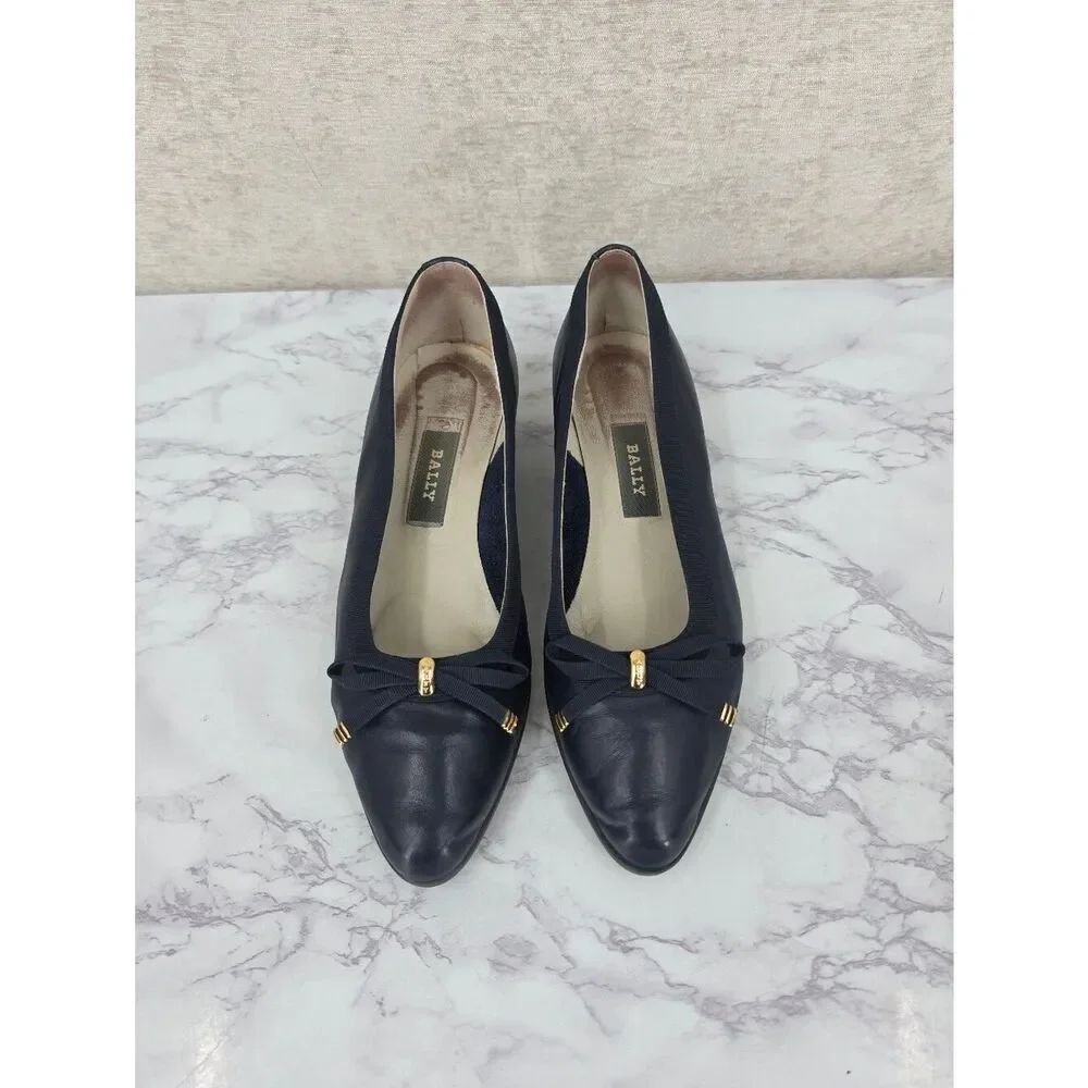 Bally Belle Leather Navy Blue Gold Tone Bow-Accent Women's Low Wedge Ballet Flat
